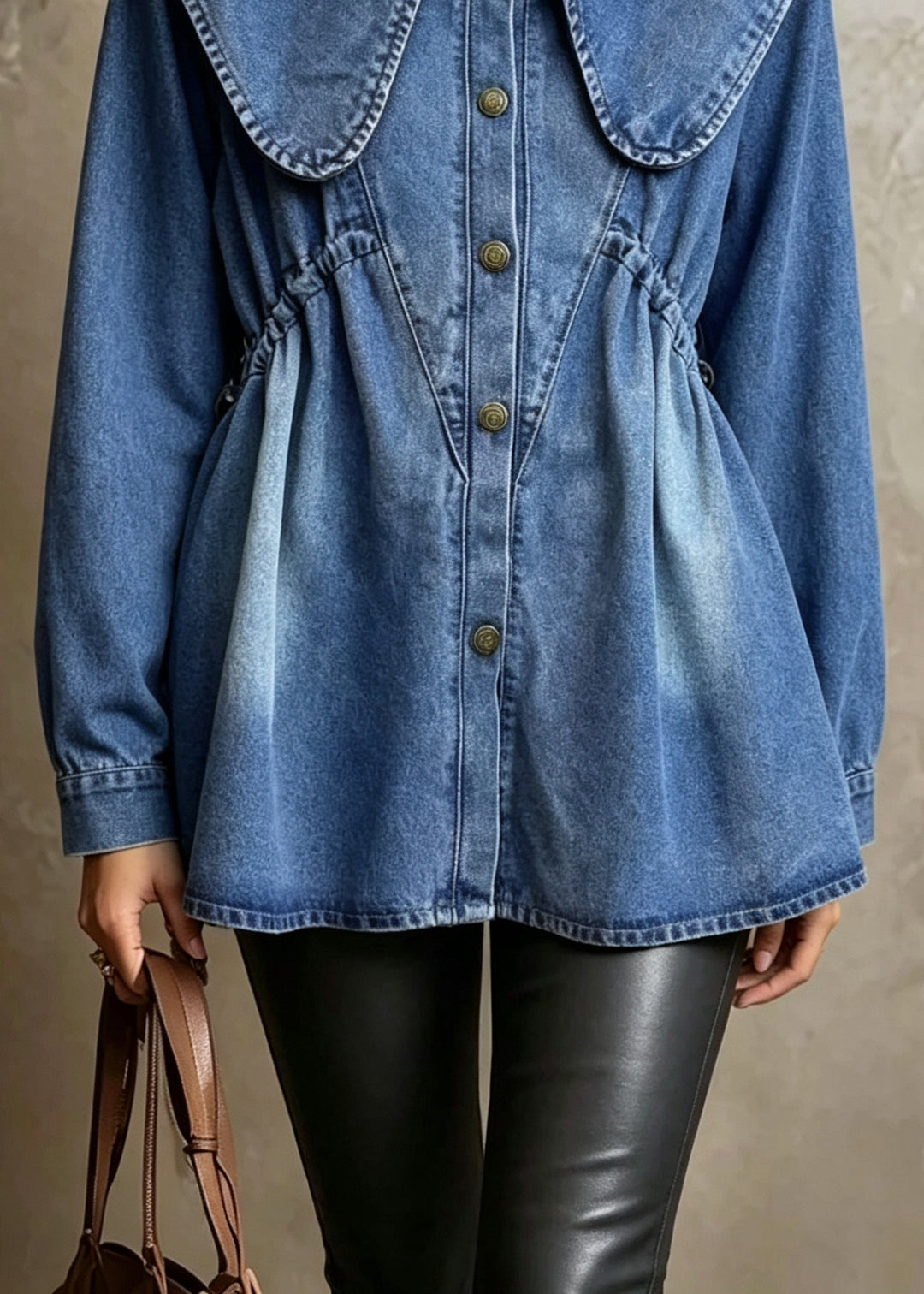 Italian Blue Sailor Collar Button Patchwork Denim Shirts Top Fall