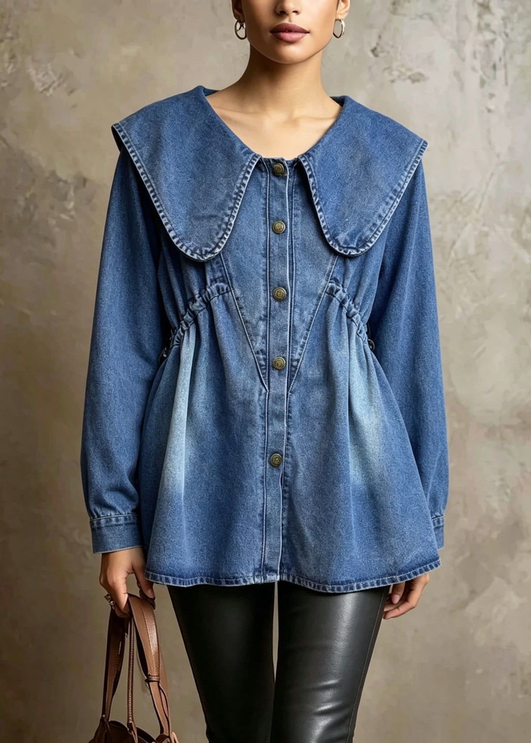 Italian Blue Sailor Collar Button Patchwork Denim Shirts Top Fall