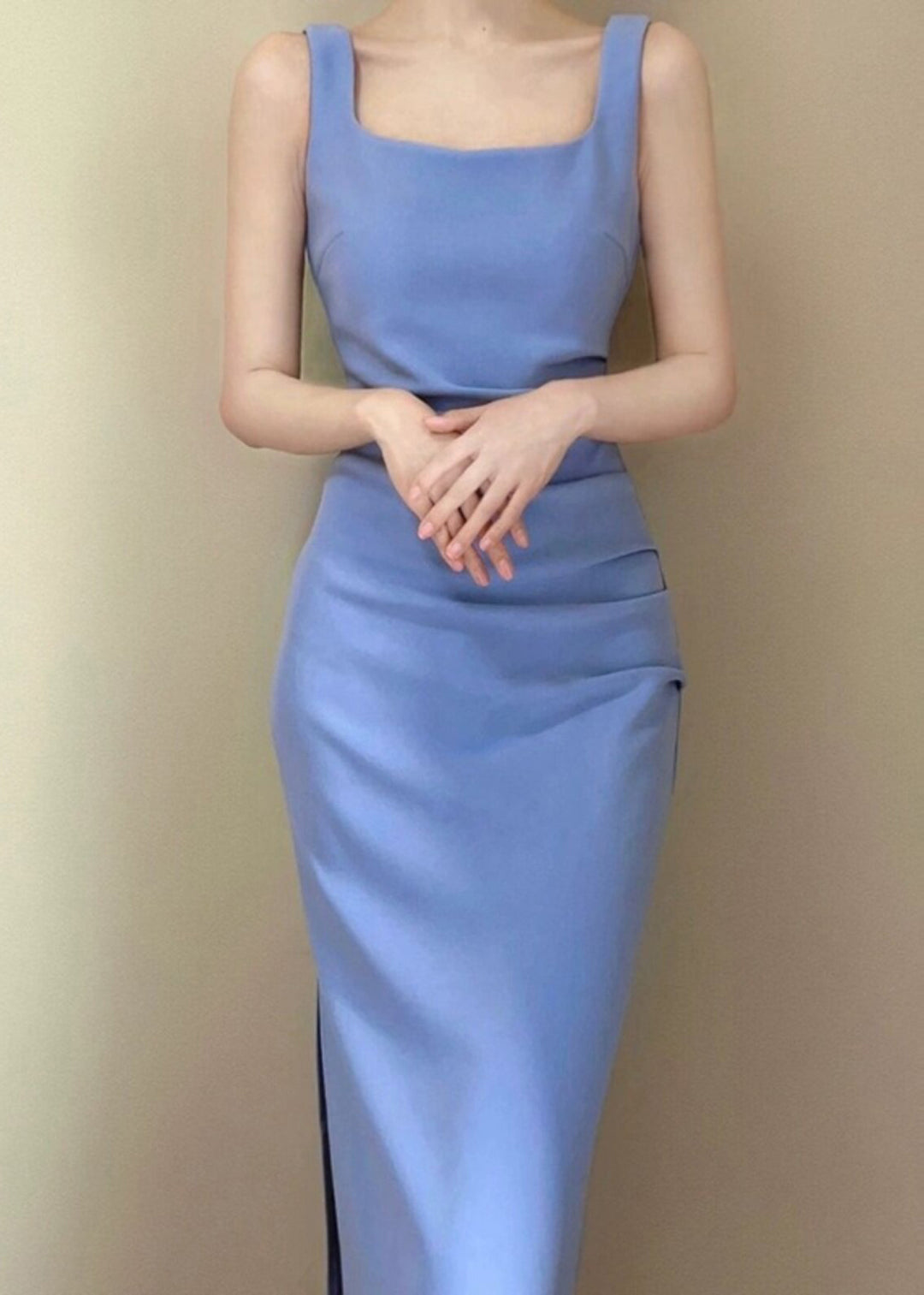 Italian Blue Side Open Wrinkled Cotton Dress Sleeveless