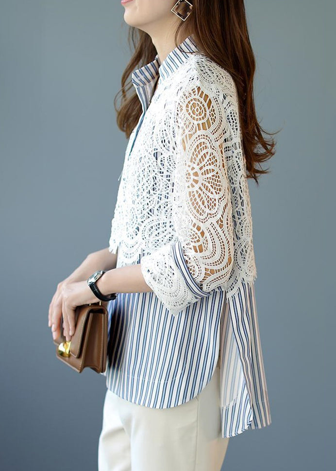 Italian Blue Striped Lace Patchwork Cotton Shirt Spring