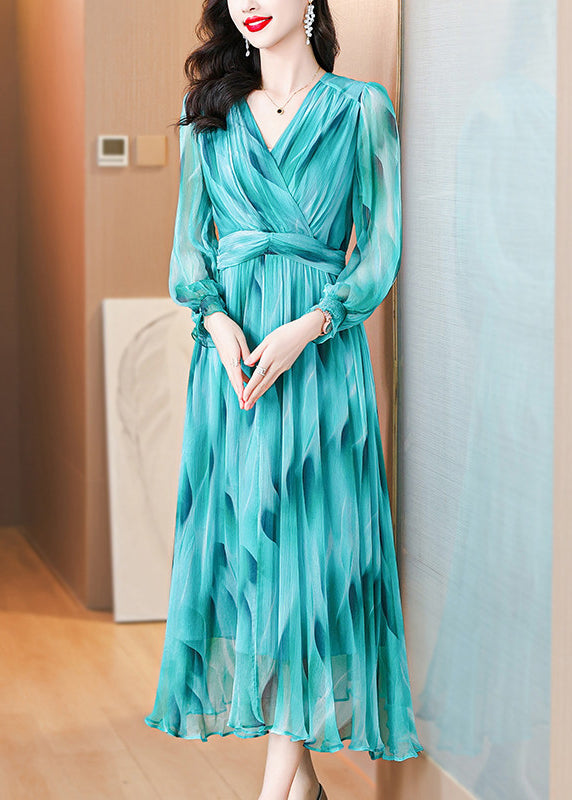 Italian Blue V Neck Flattering Robe Dresses Lanter Sleeve