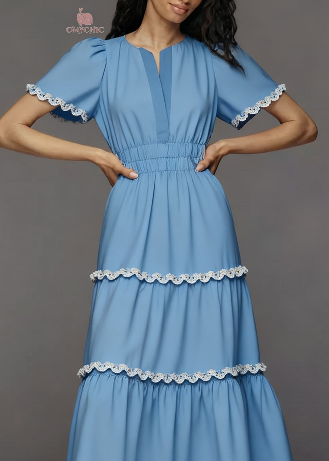 Italian Blue V Neck Lace Patchwork Cotton Long Dress Summer