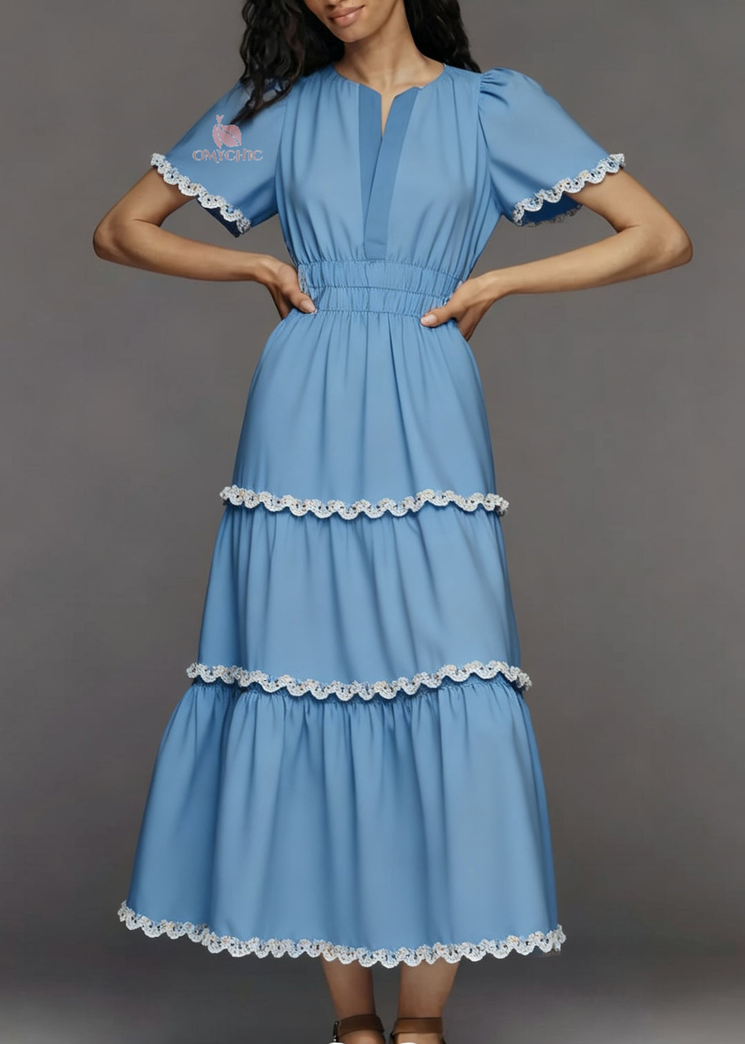 Italian Blue V Neck Lace Patchwork Cotton Long Dress Summer