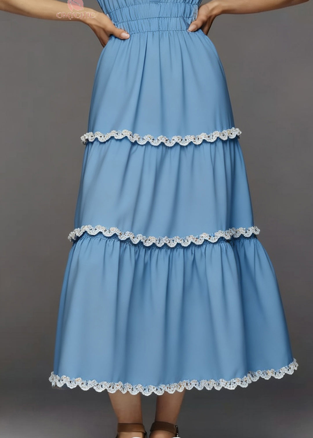 Italian Blue V Neck Lace Patchwork Cotton Long Dress Summer
