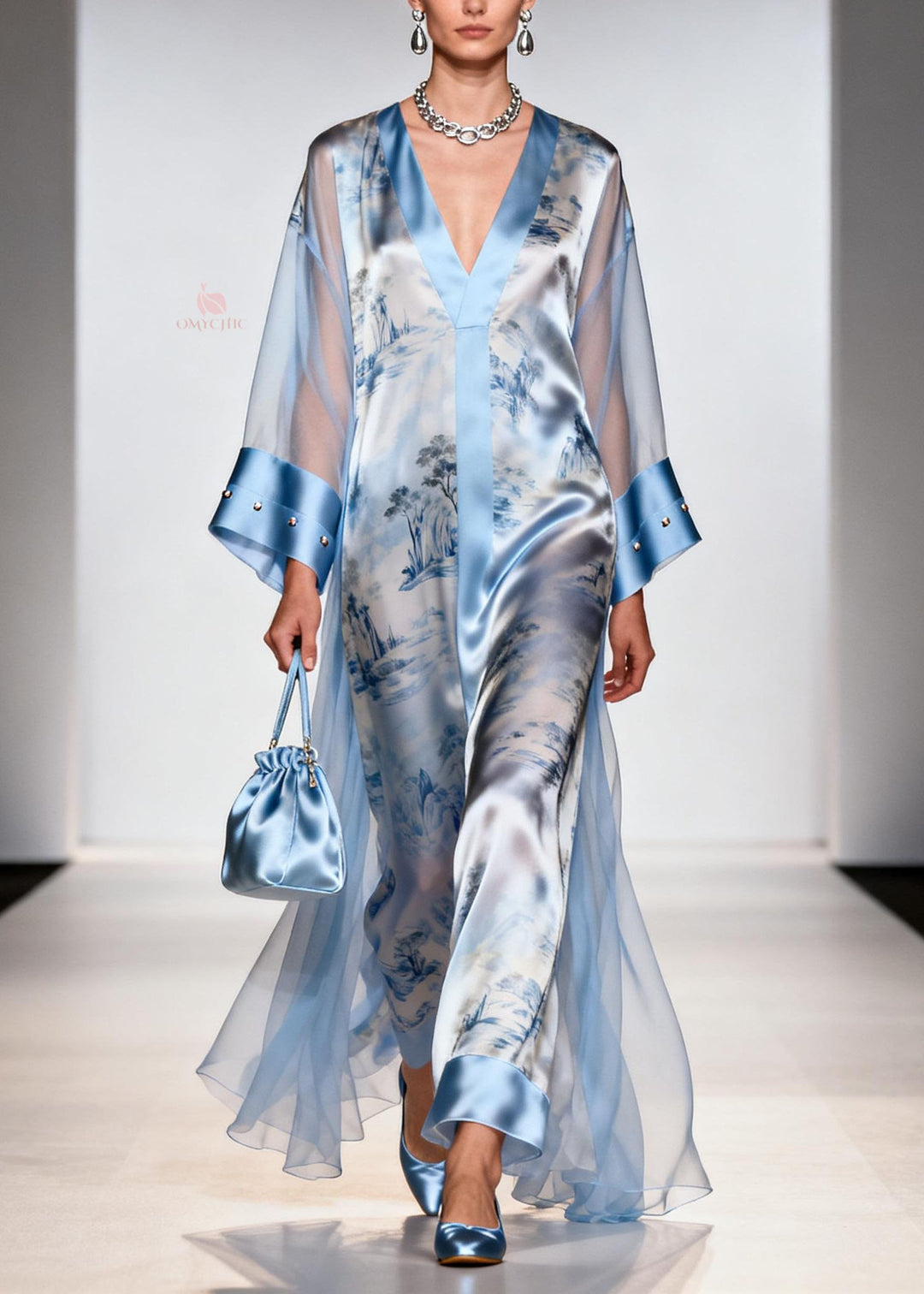 Italian Blue V Neck Print Zircon Chiffon Dresses Summer