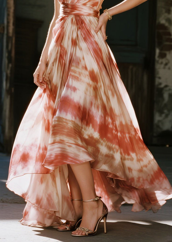 Italian Brick Red Tie Dye Exra Large Hem Chiffon Dinner Dress