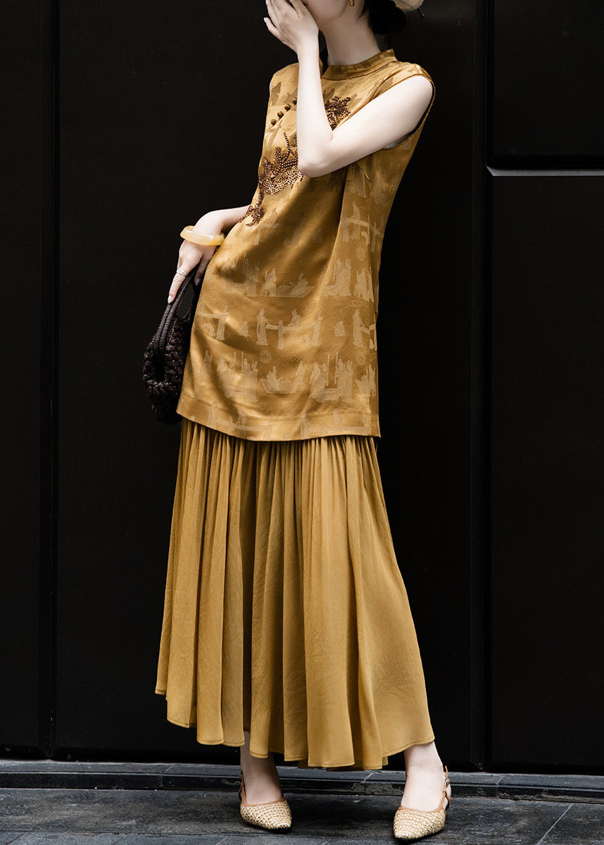 Italian Brown Embroidered Patchwork Silk Dresses Summer