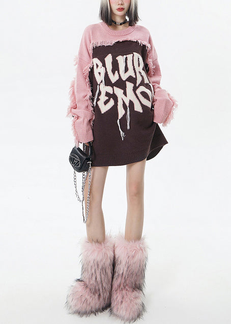 Italian Brown Embroidered Patchwork Tasseled Long Sweaters Winter