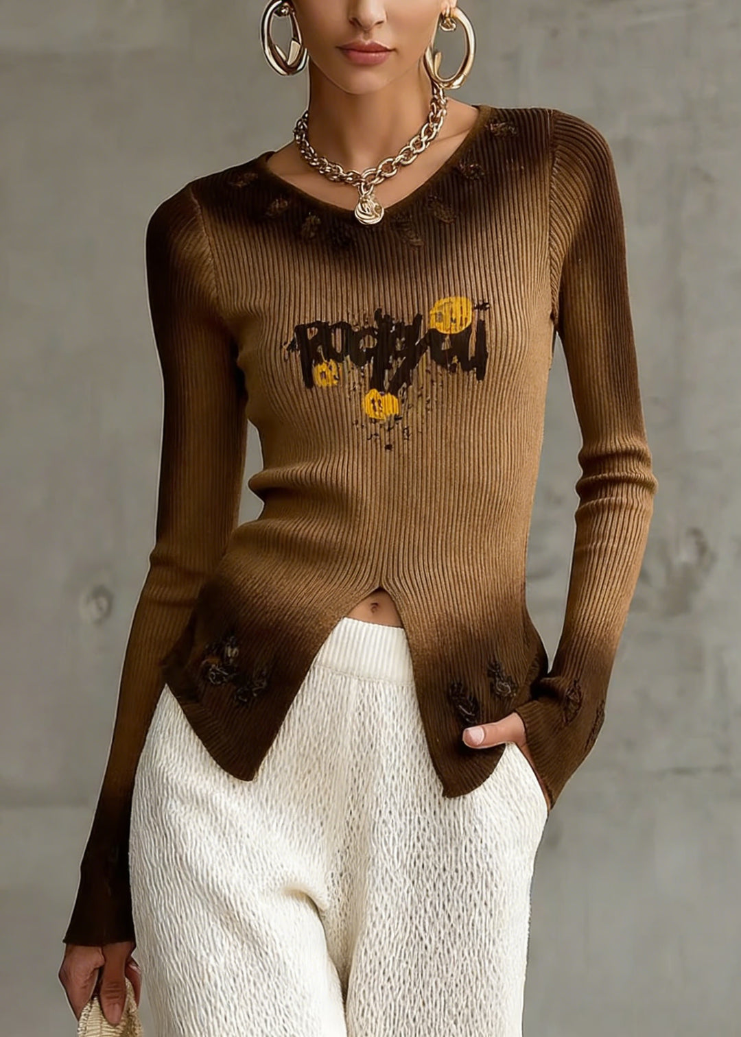 Italian Brown Gradient V Neck Print Knit Top Spring - Omychic