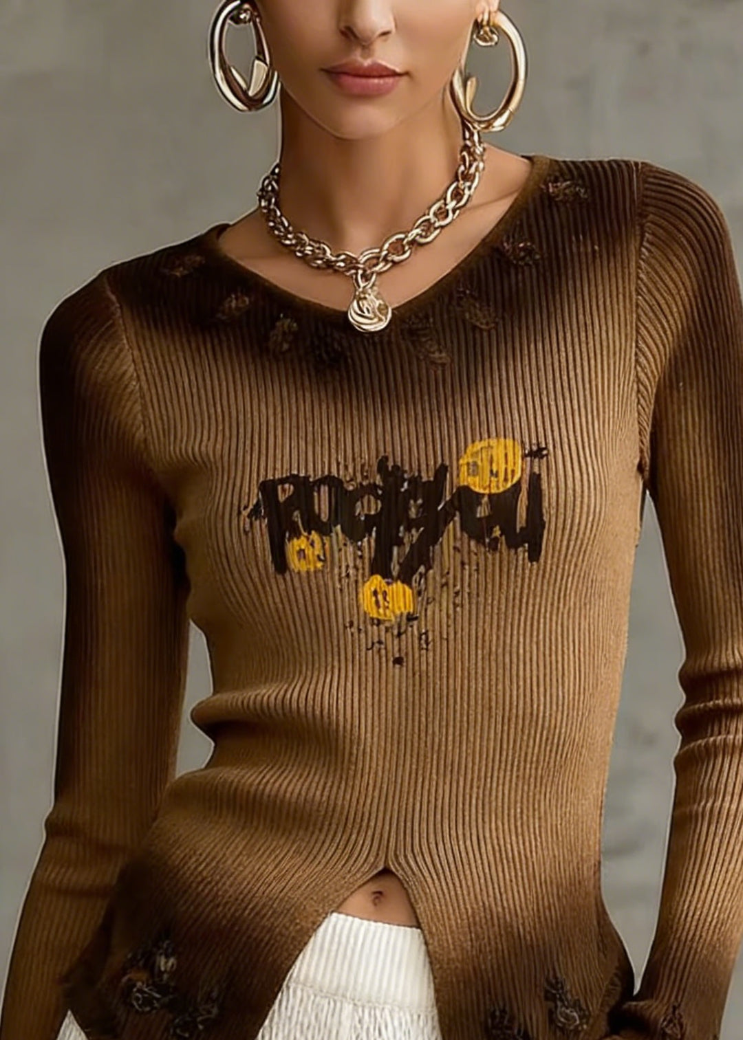 Italian Brown Gradient V Neck Print Knit Top Spring - Omychic