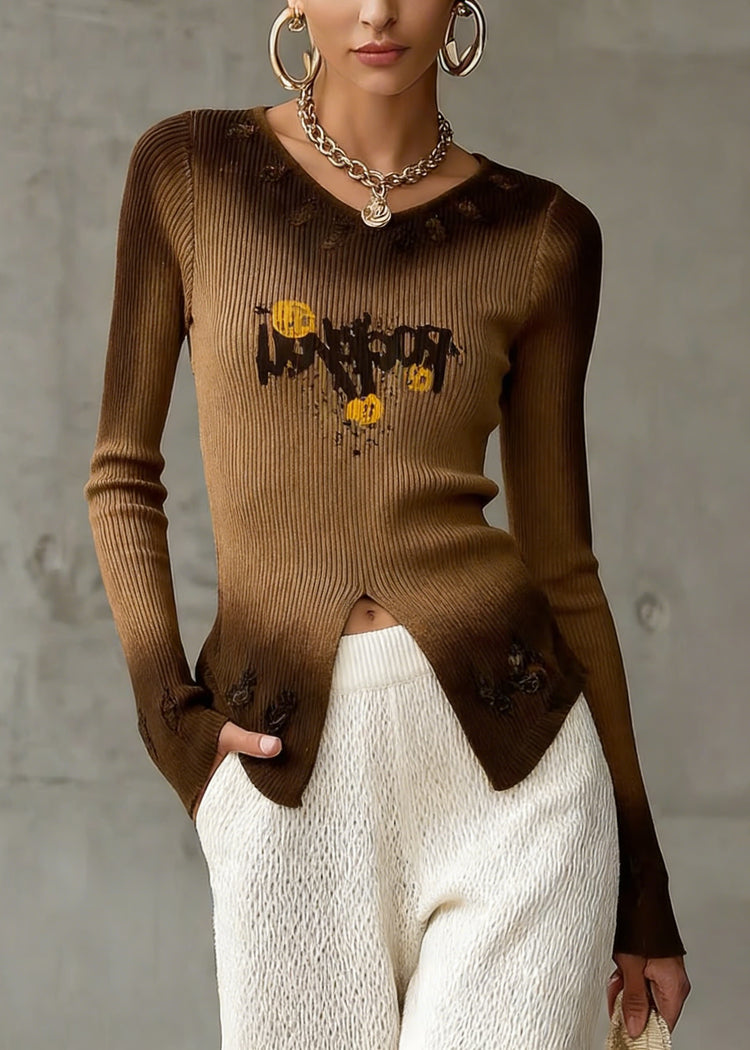 Italian Brown Gradient V Neck Print Knit Top Spring - Omychic