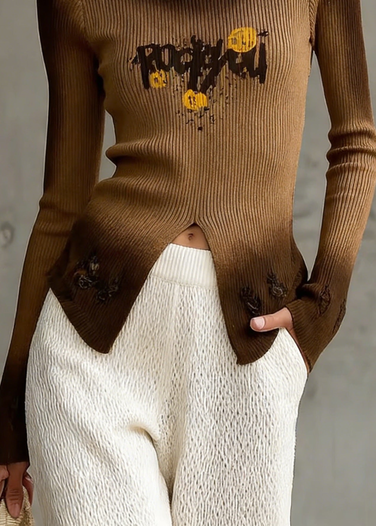 Italian Brown Gradient V Neck Print Knit Top Spring - Omychic