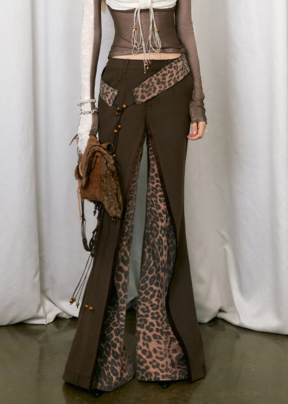 Italian Brown High Waist Leopard Print Patchwork Pants Fall