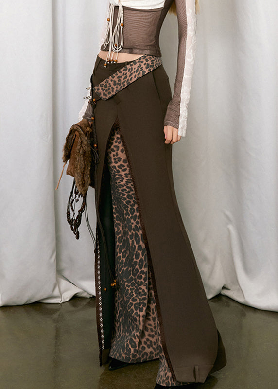 Italian Brown High Waist Leopard Print Patchwork Pants Fall