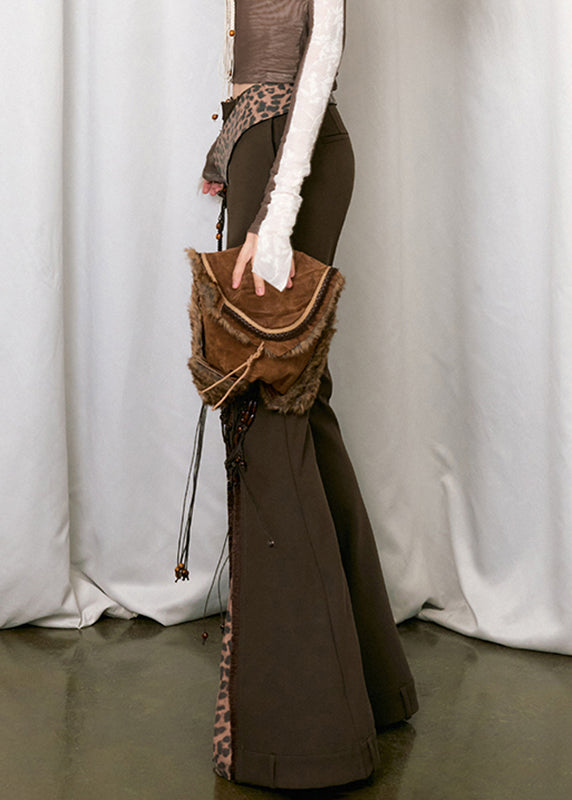 Italian Brown High Waist Leopard Print Patchwork Pants Fall