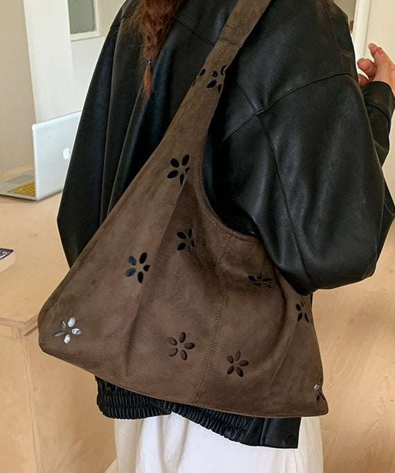 Italian Brown Hollow Out Flower Faux Suede Shoulder Bags