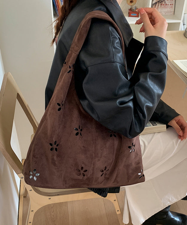 Italian Brown Hollow Out Flower Faux Suede Shoulder Bags