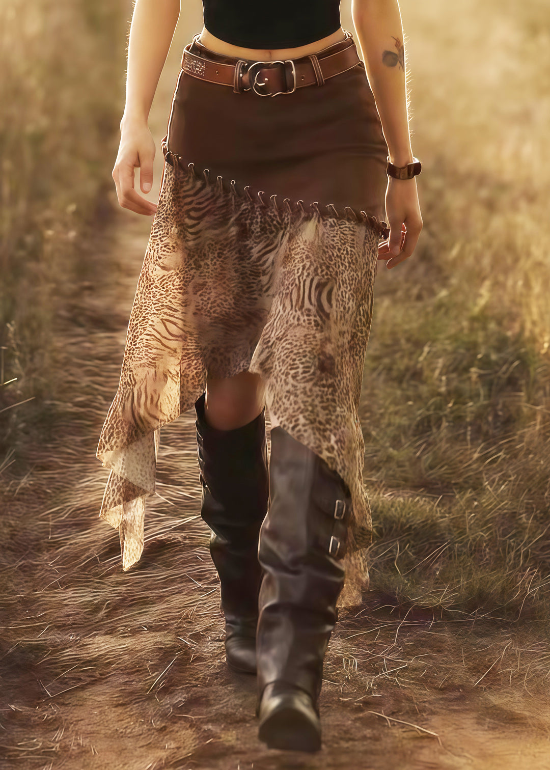 Italian Brown Leopard Asymmetrical Patchwork Chiffon Skirt Summer