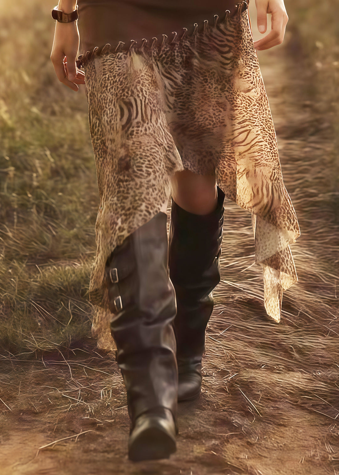 Italian Brown Leopard Asymmetrical Patchwork Chiffon Skirt Summer