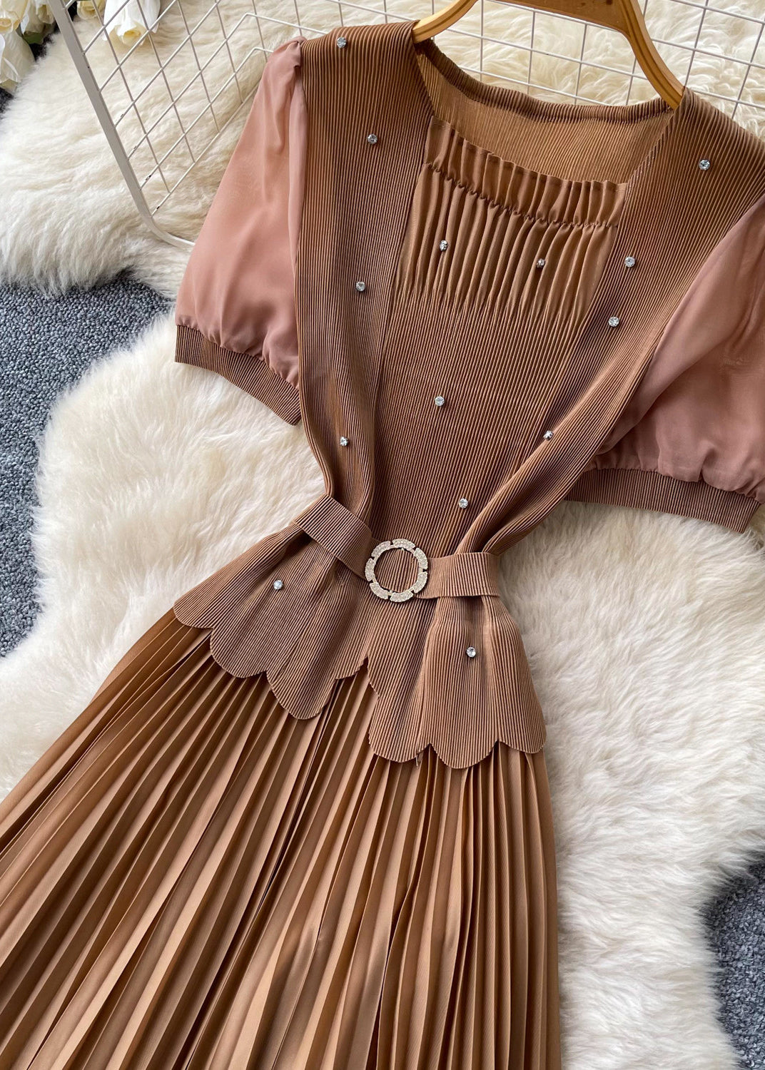 Italian Brown Nail Bead Patchwork Pleated Dress Summer