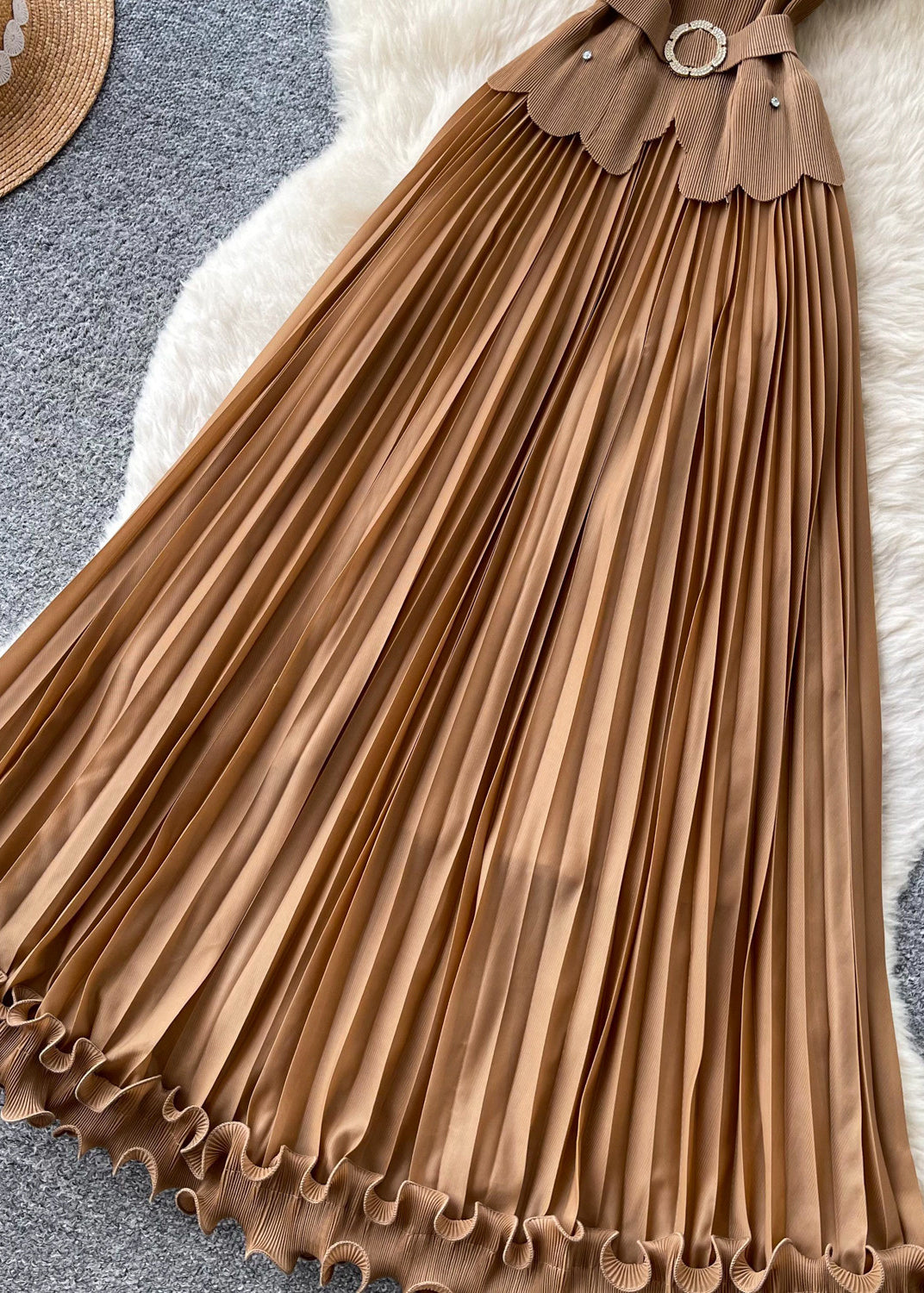 Italian Brown Nail Bead Patchwork Pleated Dress Summer