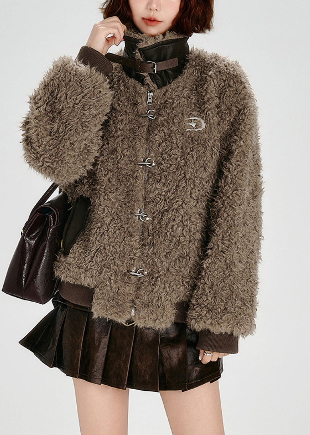 Italian Brown Oversized Patchwork Faux Leather Teddy Coat Winter