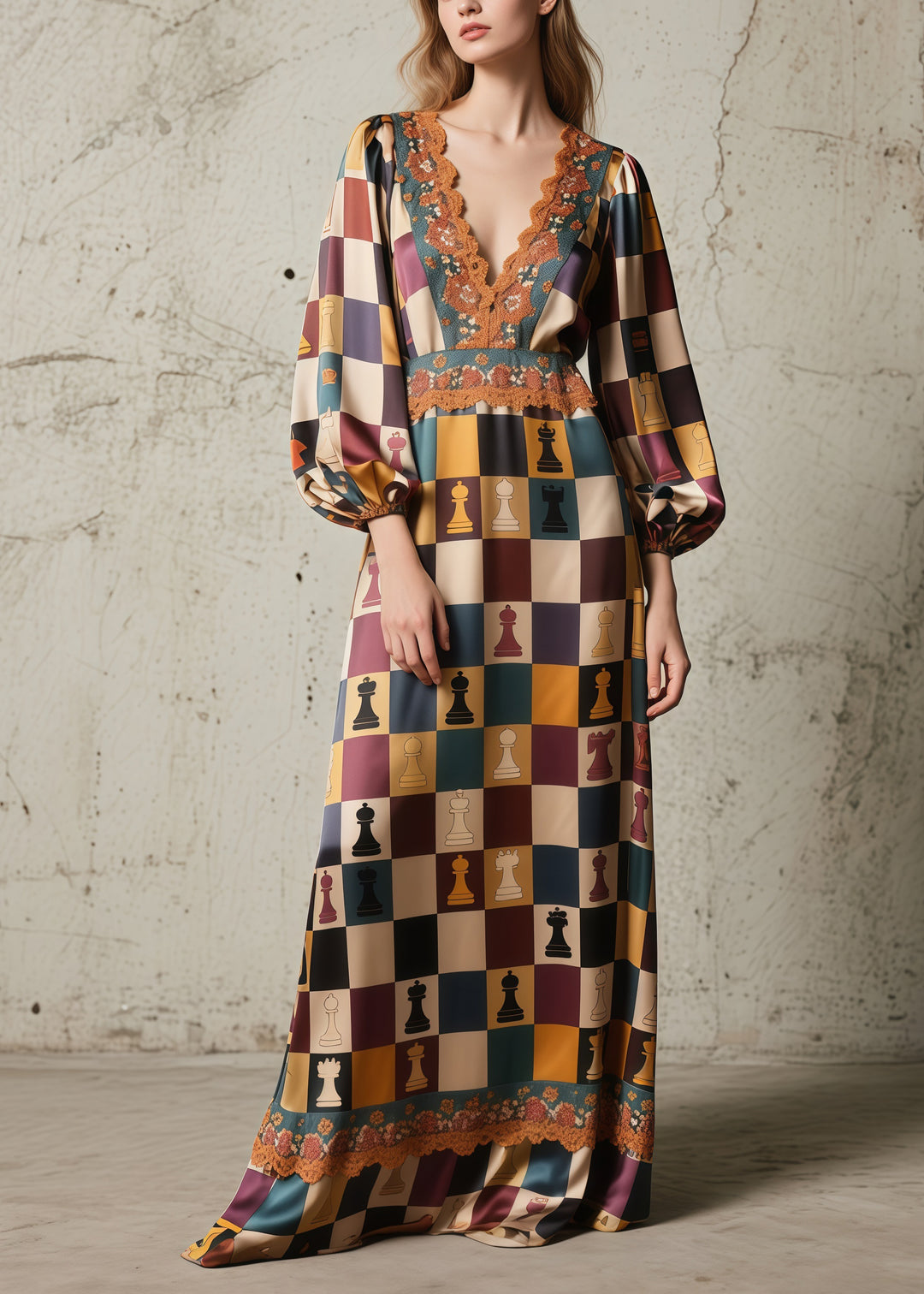 Italian Brown Print Lace Patchwork Silk Long Dresses Spring