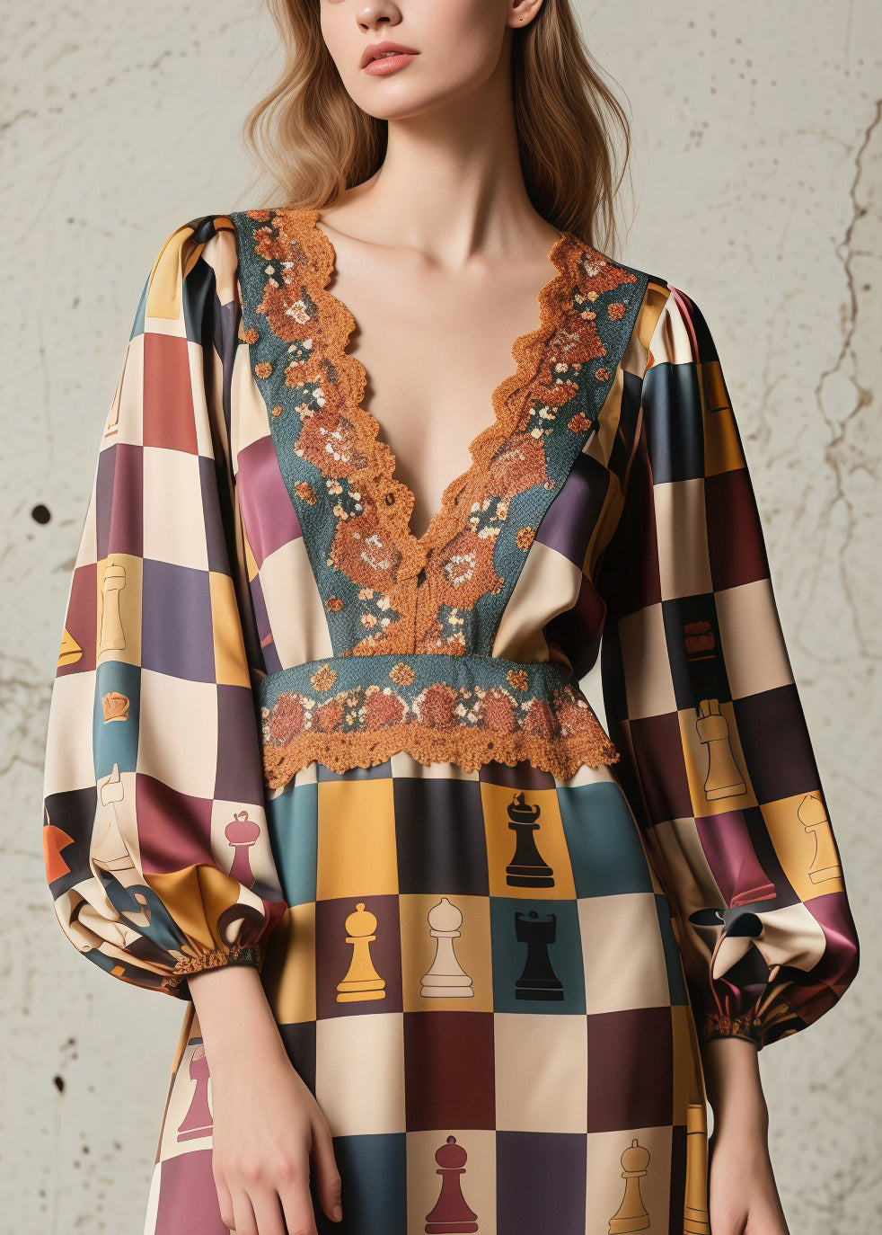 Italian Brown Print Lace Patchwork Silk Long Dresses Spring