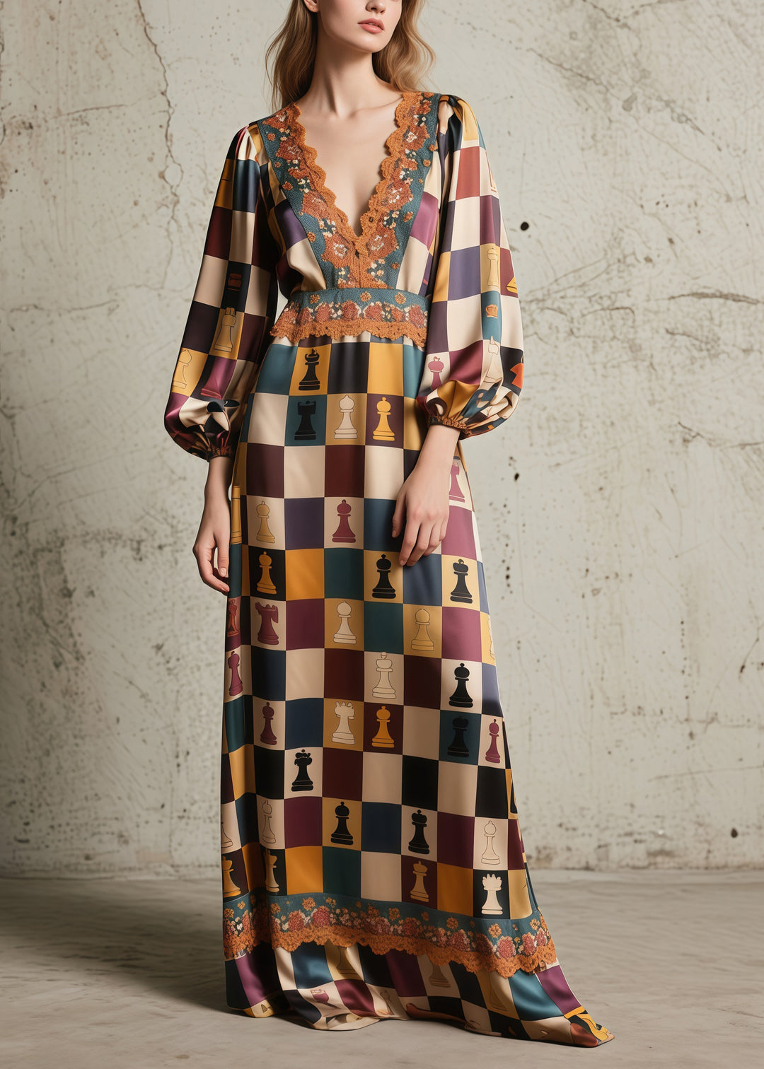 Italian Brown Print Lace Patchwork Silk Long Dresses Spring