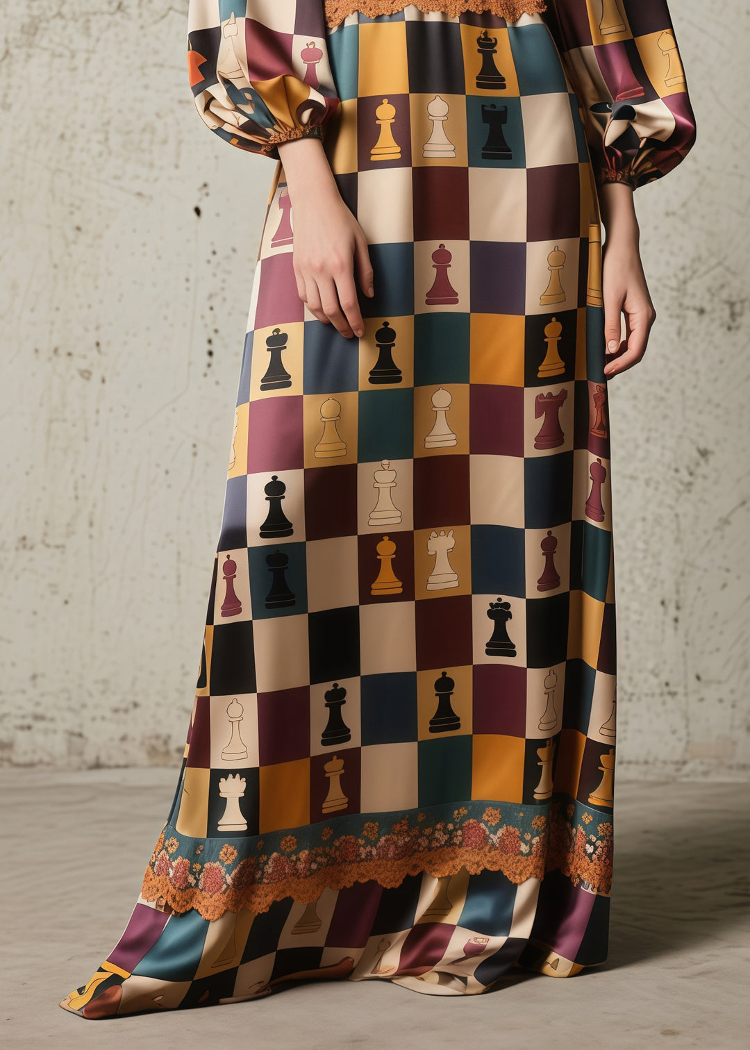 Italian Brown Print Lace Patchwork Silk Long Dresses Spring