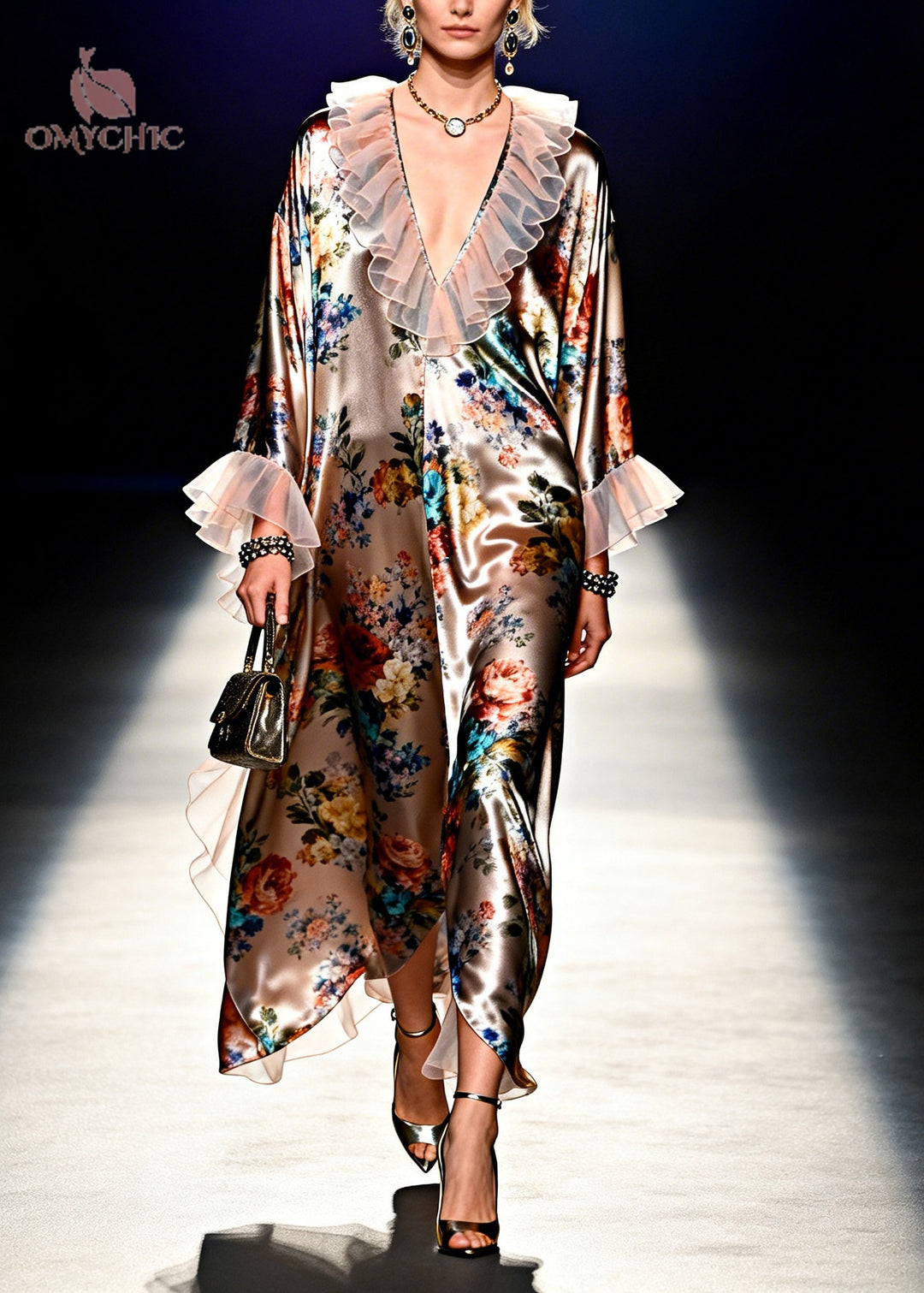 Italian Brown Ruffled Patchwork Print Silk Long Dress Summer