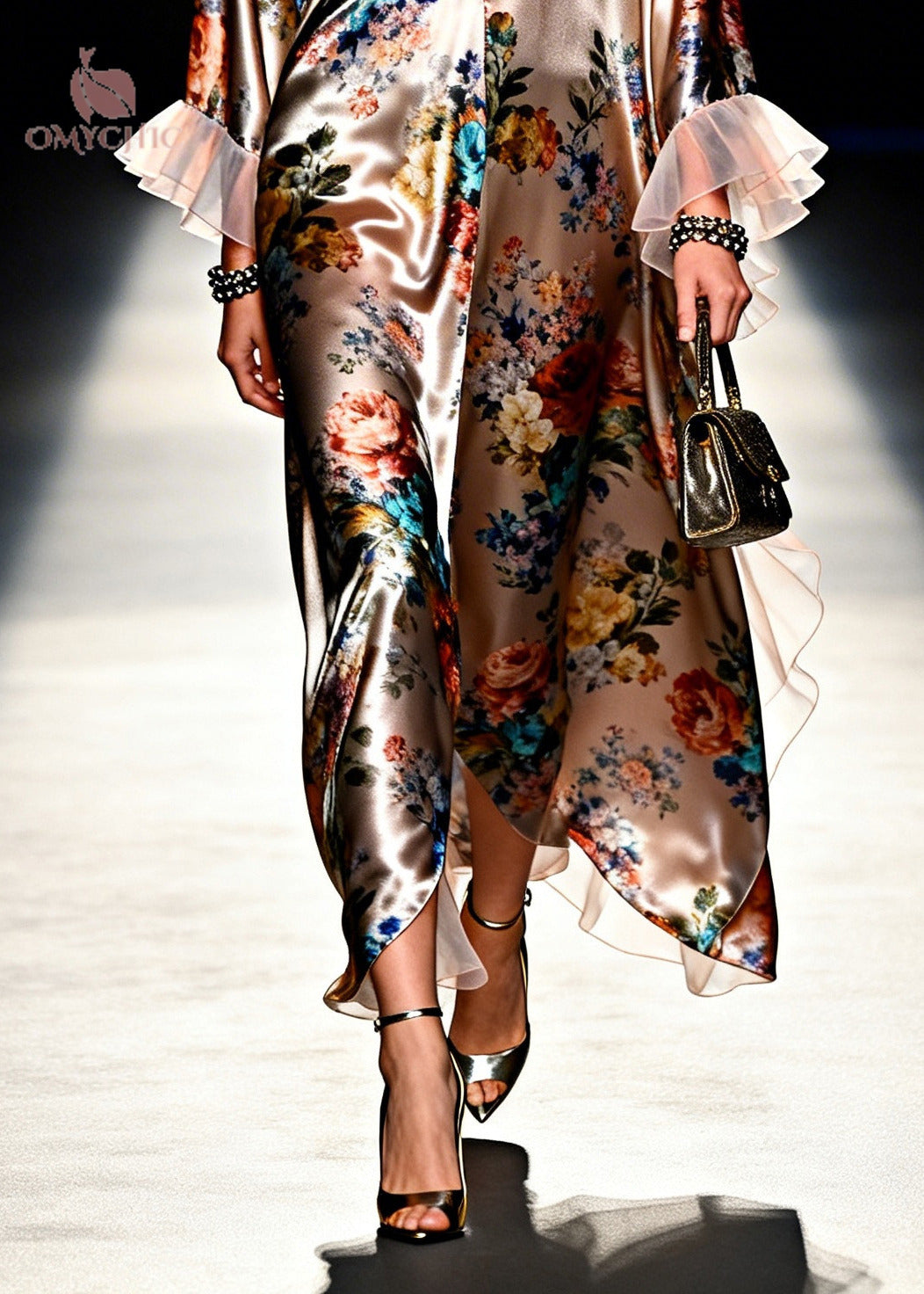 Italian Brown Ruffled Patchwork Print Silk Long Dress Summer