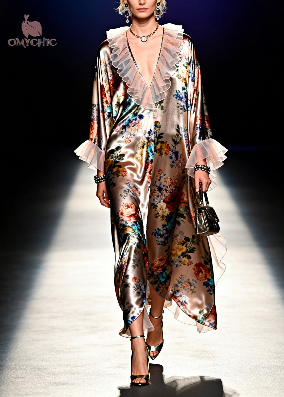 Italian Brown Ruffled Patchwork Print Silk Long Dress Summer