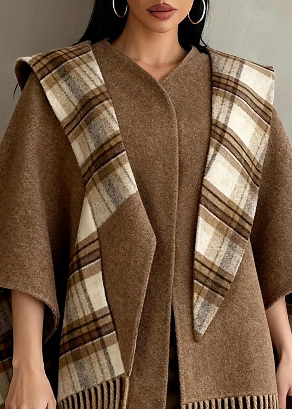 Italian Brown Tasseled Plaid Wear On Both Sides Woolen Cape Coats Spring