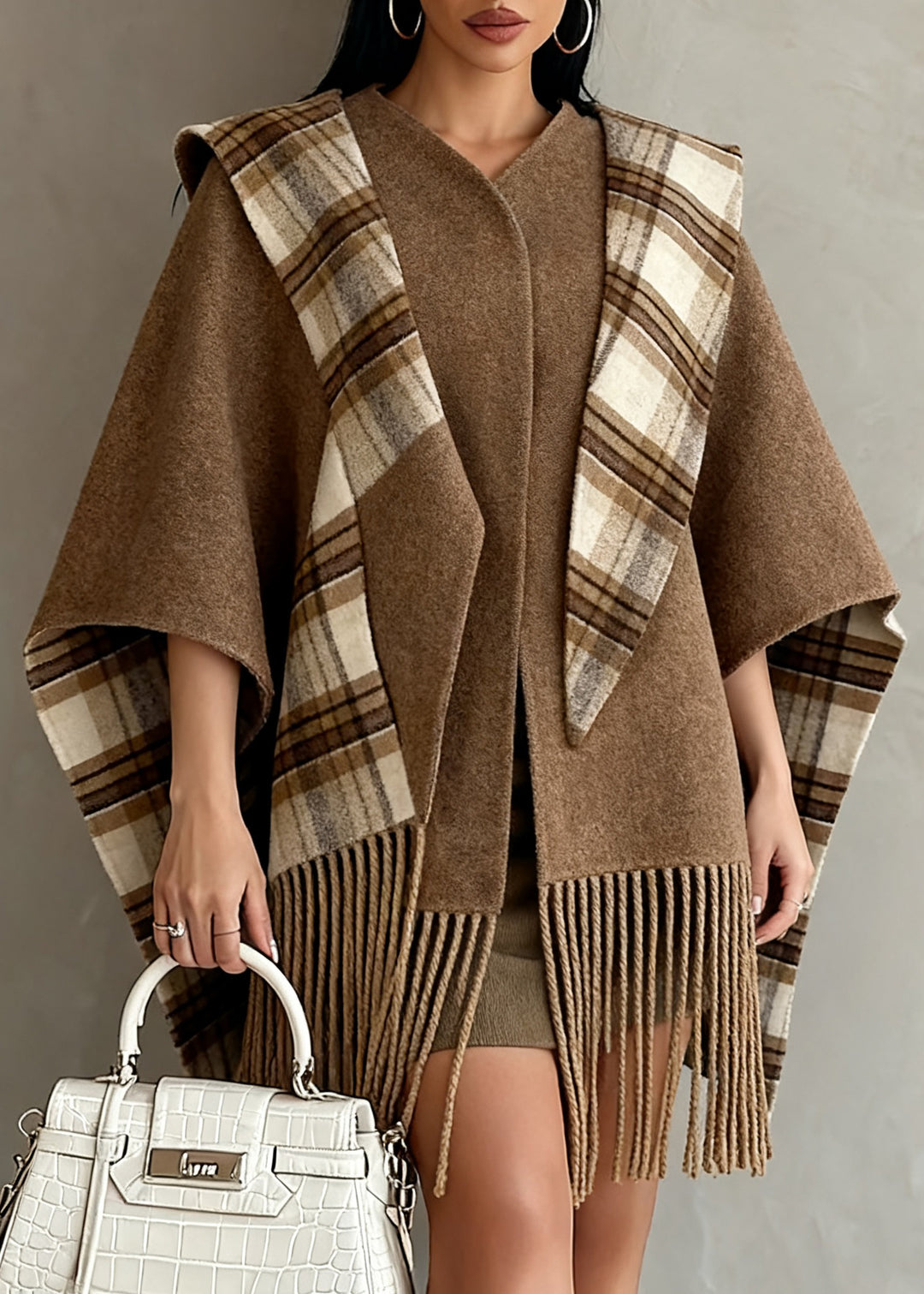 Italian Brown Tasseled Plaid Wear On Both Sides Woolen Cape Coats Spring