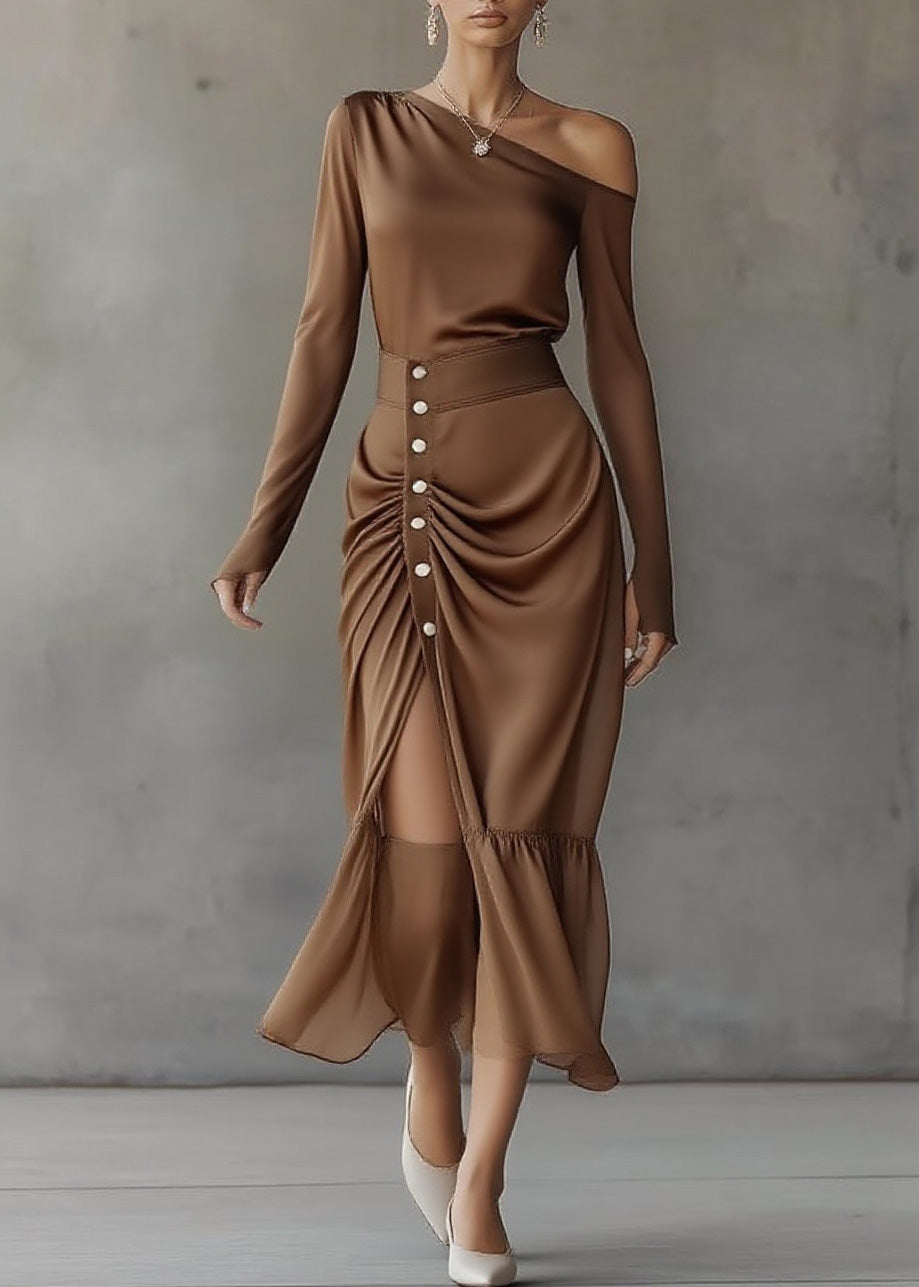 Italian Brown Top And Skirts Chiffon Two Pieces Set Spring
