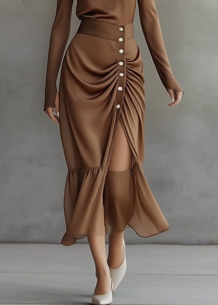 Italian Brown Top And Skirts Chiffon Two Pieces Set Spring