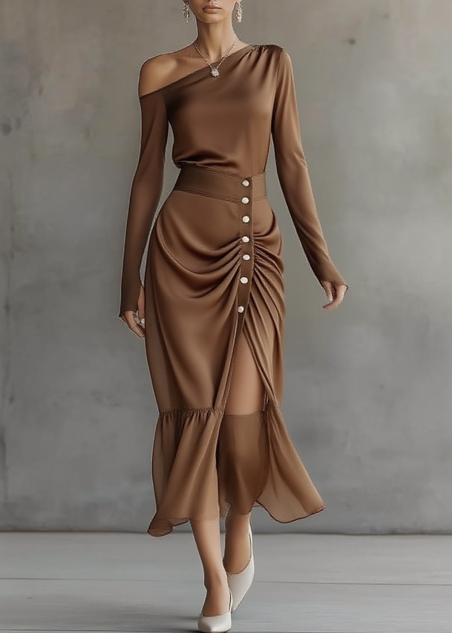 Italian Brown Top And Skirts Chiffon Two Pieces Set Spring
