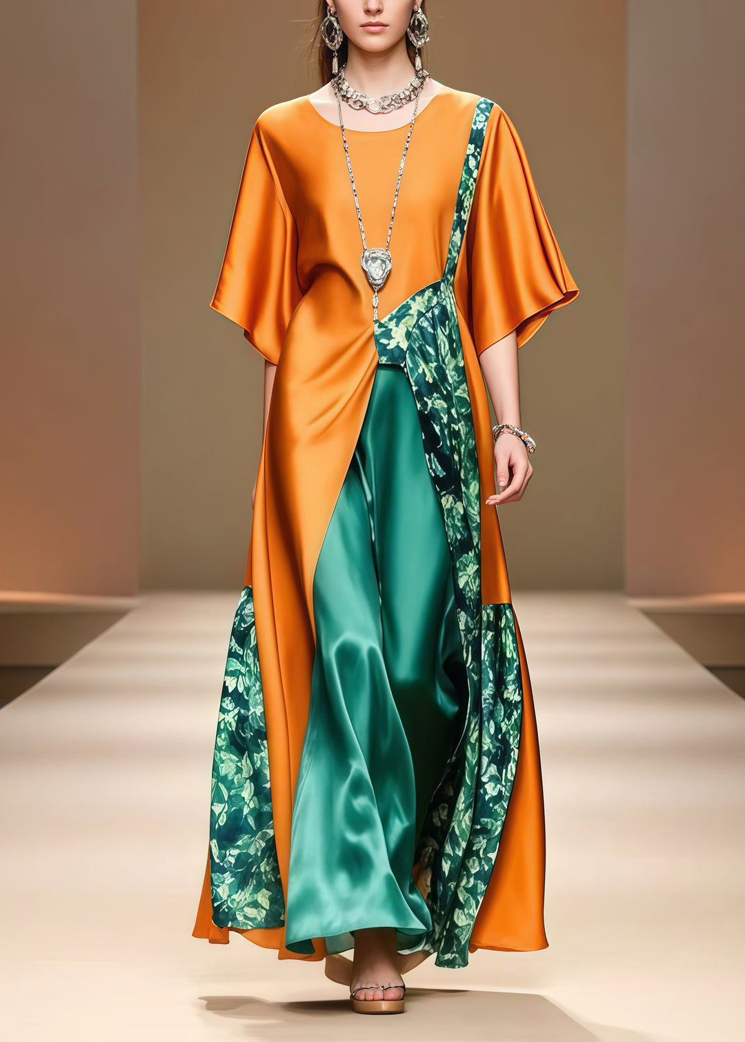 Italian Caramel Asymmetrical Patchwork Silk Holiday Dress Summer