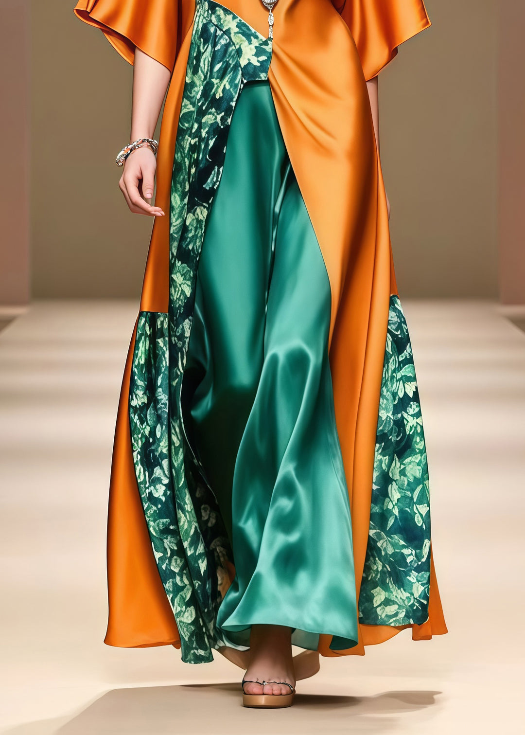Italian Caramel Asymmetrical Patchwork Silk Holiday Dress Summer