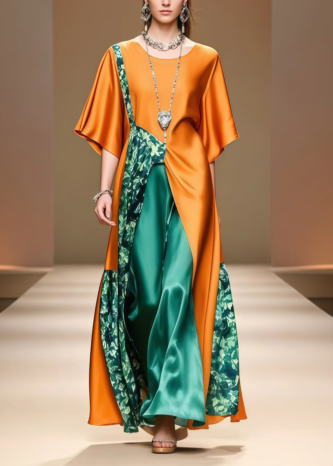 Italian Caramel Asymmetrical Patchwork Silk Holiday Dress Summer