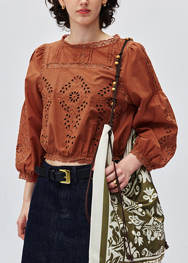Italian Caramel Embroidered Lace Patchwork Cotton Shirt Top Fall