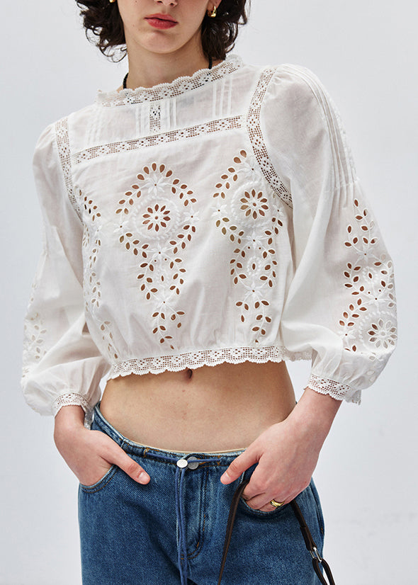 Italian Caramel Embroidered Lace Patchwork Cotton Shirt Top Fall