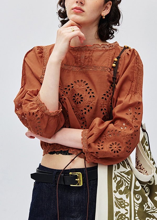 Italian Caramel Embroidered Lace Patchwork Cotton Shirt Top Fall