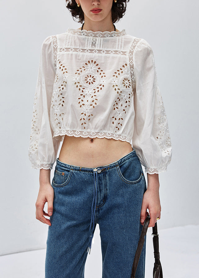 Italian Caramel Embroidered Lace Patchwork Cotton Shirt Top Fall