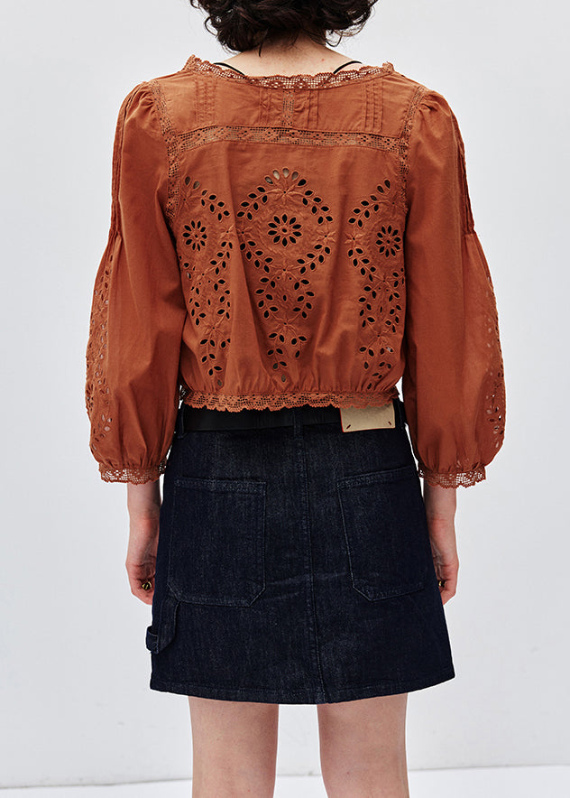 Italian Caramel Embroidered Lace Patchwork Cotton Shirt Top Fall