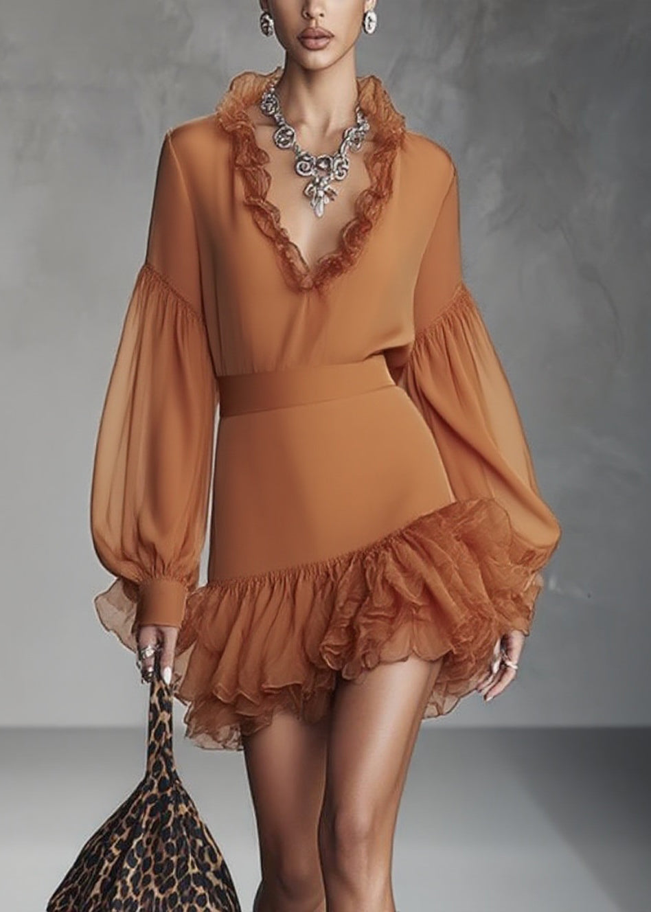 Italian Caramel Tunic Party Mid Dress V Neck Patchwork Lantern Sleeve - Omychic