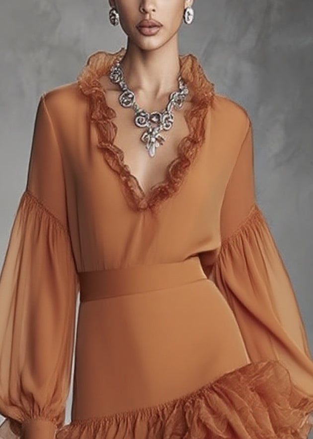 Italian Caramel Tunic Party Mid Dress V Neck Patchwork Lantern Sleeve - Omychic