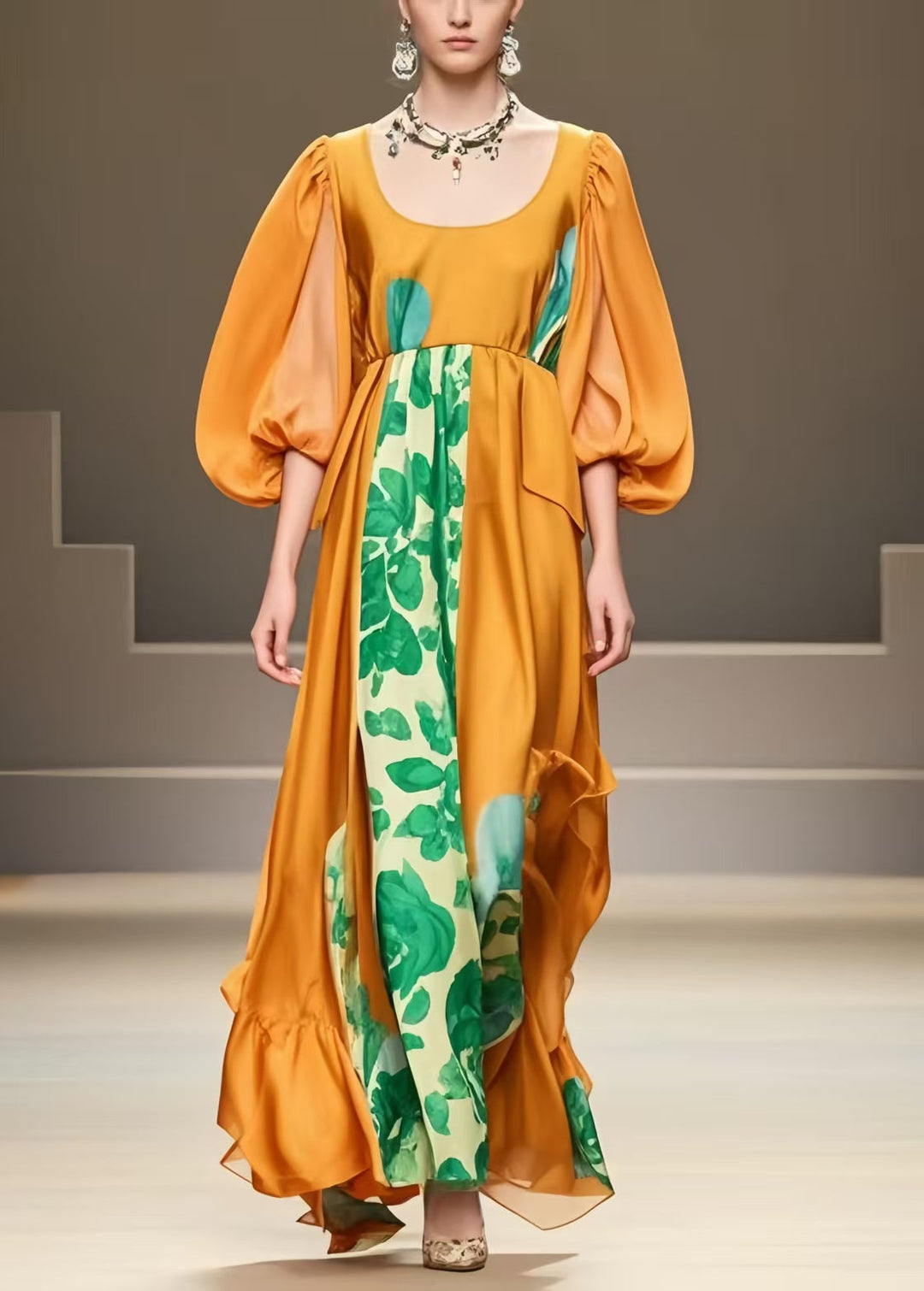 Italian Caramel U Neck Patchwork Silk Dresses Lantern Sleeve