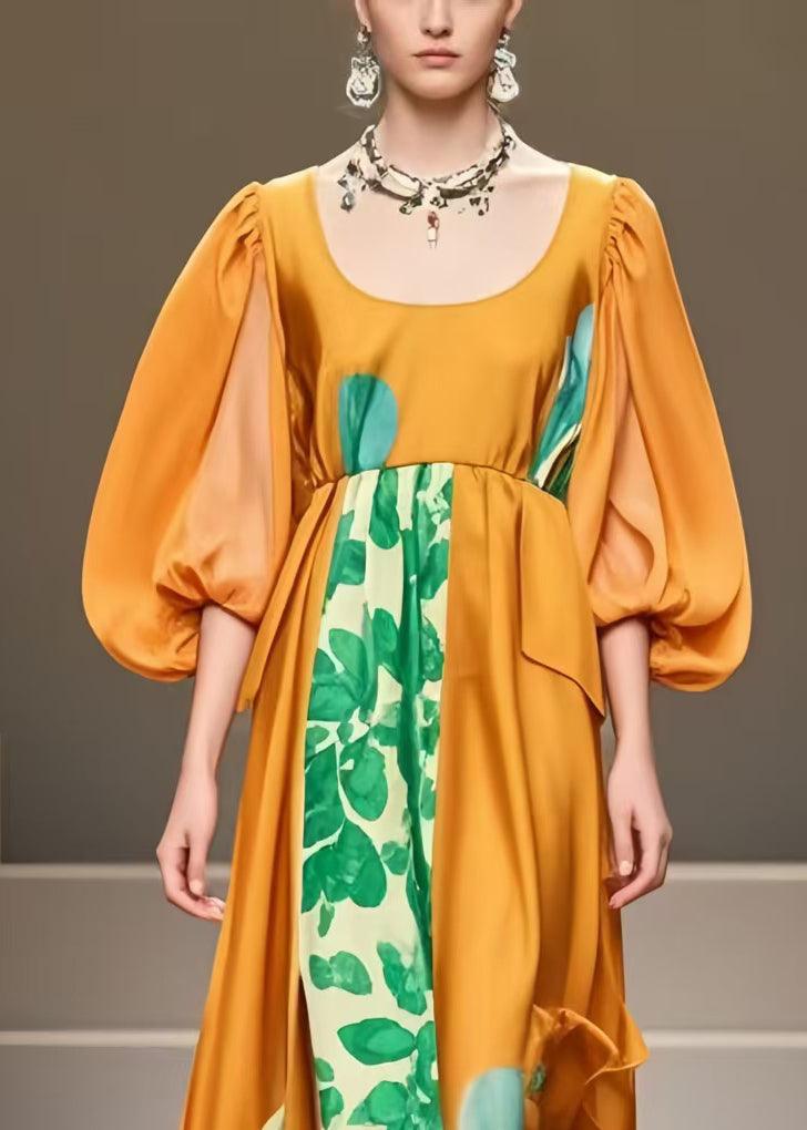 Italian Caramel U Neck Patchwork Silk Dresses Lantern Sleeve